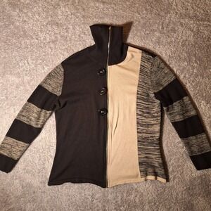 ANGEL Black Beige Stripe High Neck Zip Up Cardigan Sweater Womens L Made Turkey